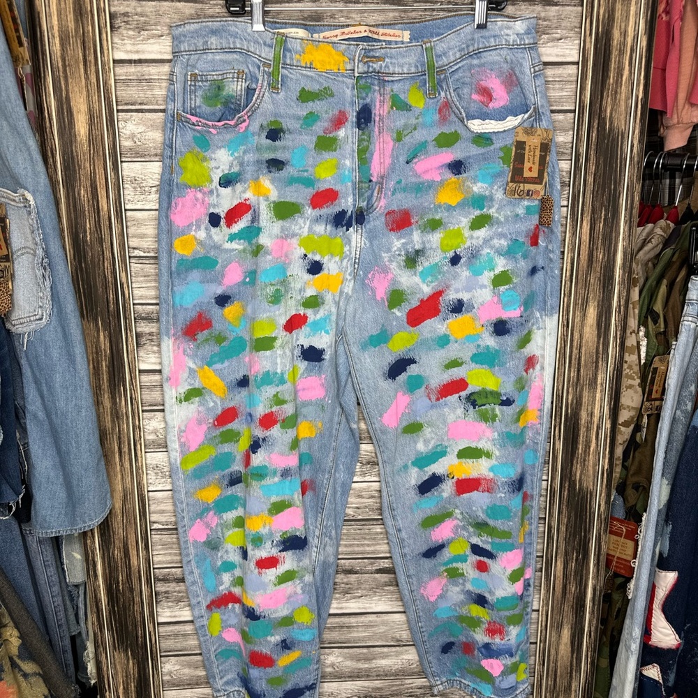 Artisan Handmade UpCycled Repurposed Denim Barrel Balloon Jeans Handpainted 16